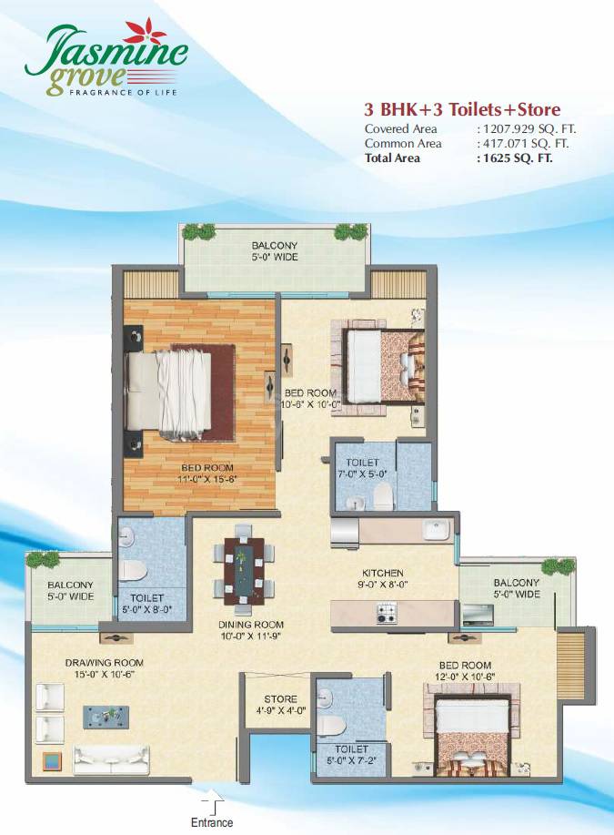 Floor plan of 3 BHK 1625 Sq. Ft. Apartment in Savfab Jasmine Grove, Ghaziabad