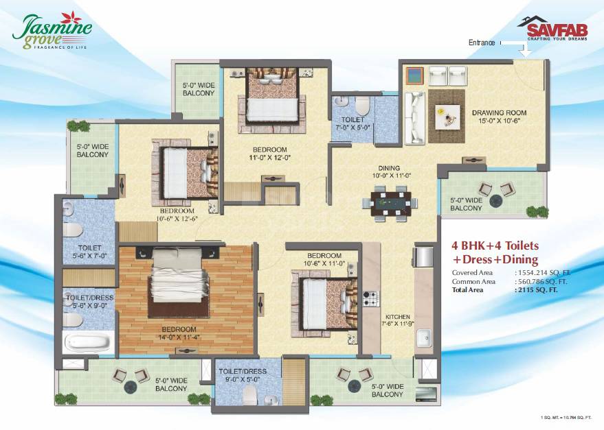 Floor plan of 4 BHK 2115 Sq. Ft. Apartment in Savfab Jasmine Grove, Ghaziabad