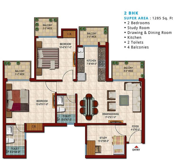 Floor plan of 2 BHK 1285 Sq. Ft. Apartment in Saviour Park, Ghaziabad