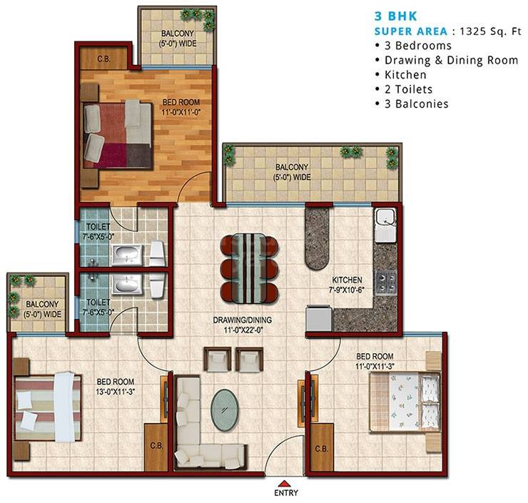 Floor plan of 3 BHK 1325 Sq. Ft. Apartment in Saviour Park, Ghaziabad