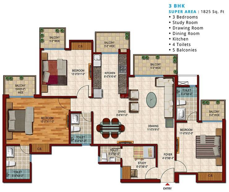 Floor plan of 3 BHK 1825 Sq. Ft. Apartment in Saviour Park, Ghaziabad