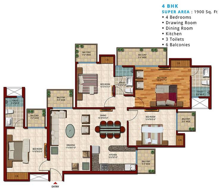 Floor plan of 4 BHK 1900 Sq. Ft. Apartment in Saviour Park, Ghaziabad