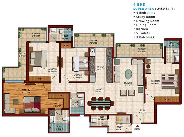 Floor plan of 4 BHK 2450 Sq. Ft. Apartment in Saviour Park, Ghaziabad