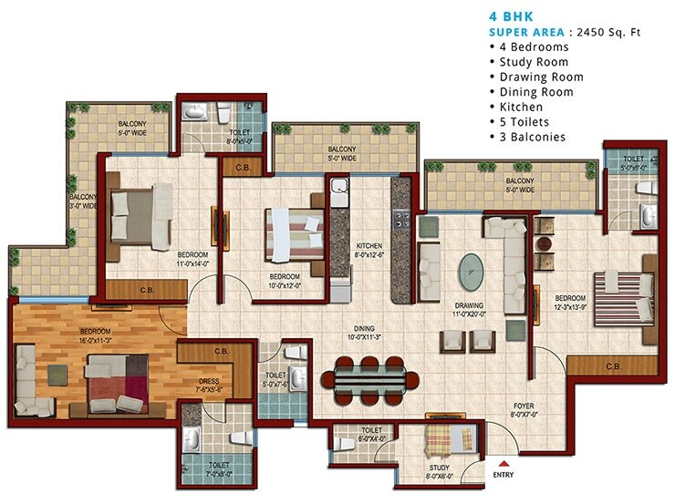 Floor plan of 4 BHK 2450 Sq. Ft. Apartment in Saviour Park Phase III, Ghaziabad