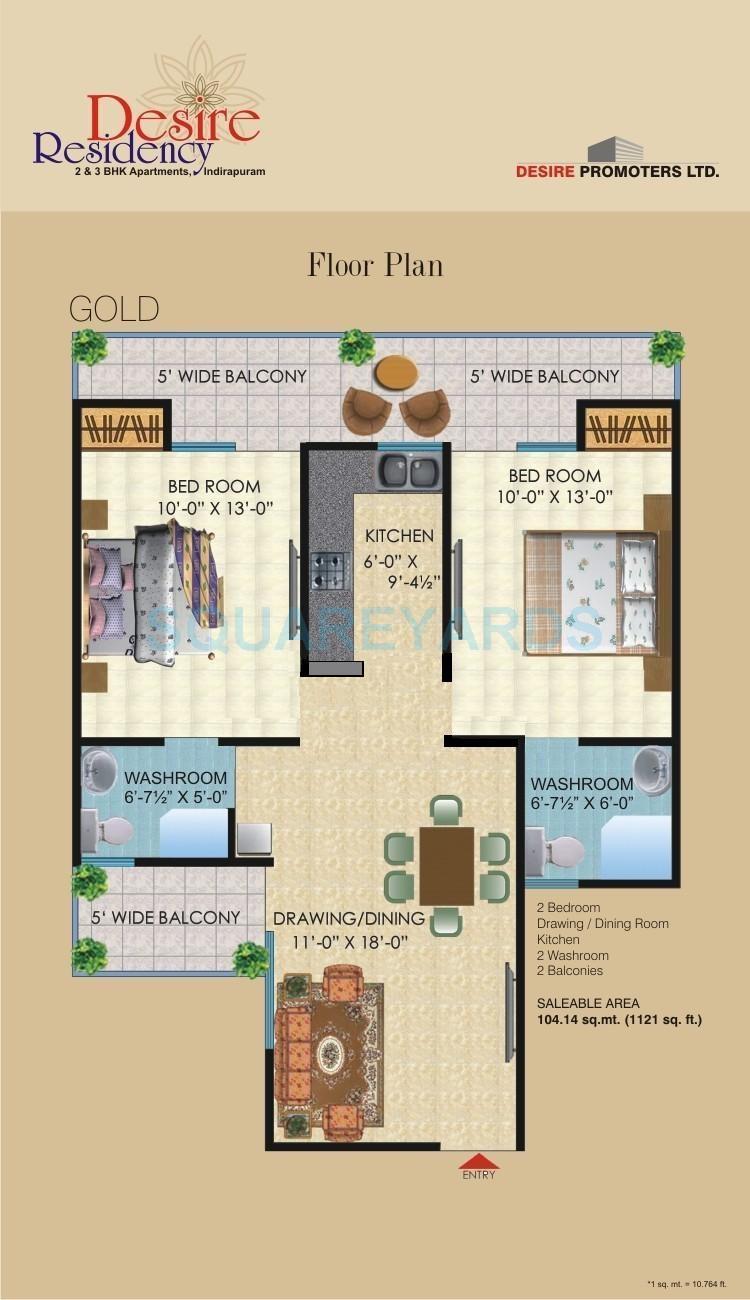 Floor plan of 2 BHK 1121 Sq. Ft. Apartment in Saya Desire Residency, Ghaziabad