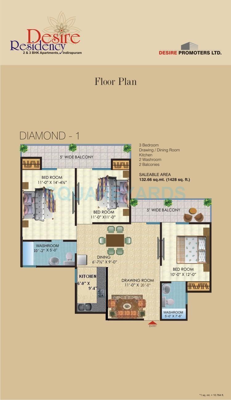 Floor plan of 3 BHK 1428 Sq. Ft. Apartment in Saya Desire Residency, Ghaziabad