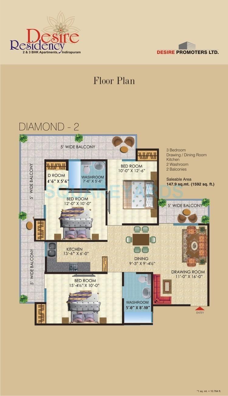 Floor plan of 3 BHK 1592 Sq. Ft. Apartment in Saya Desire Residency, Ghaziabad