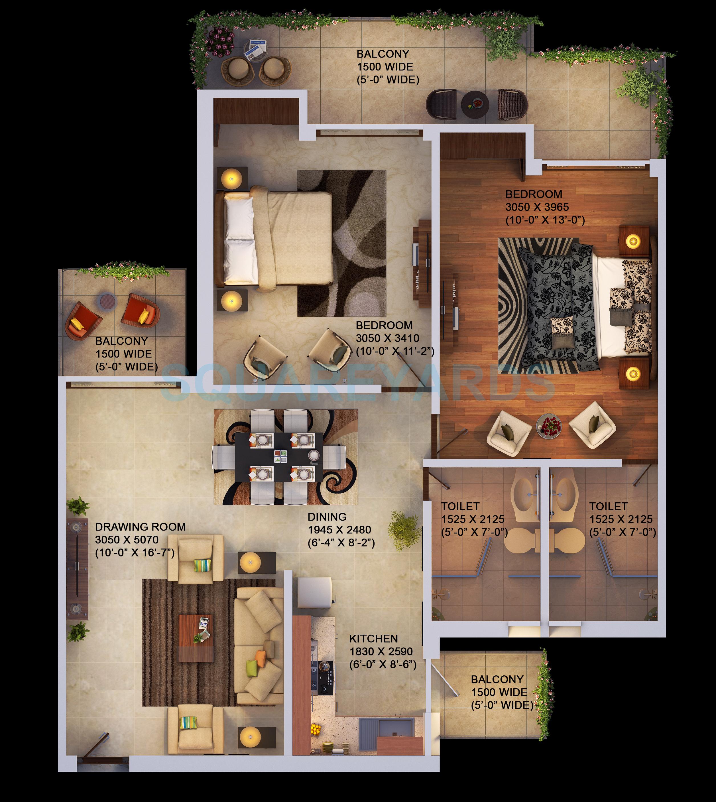 Floor plan of 2 BHK 1080 Sq. Ft. Apartment in Saya Gold Avenue, Ghaziabad