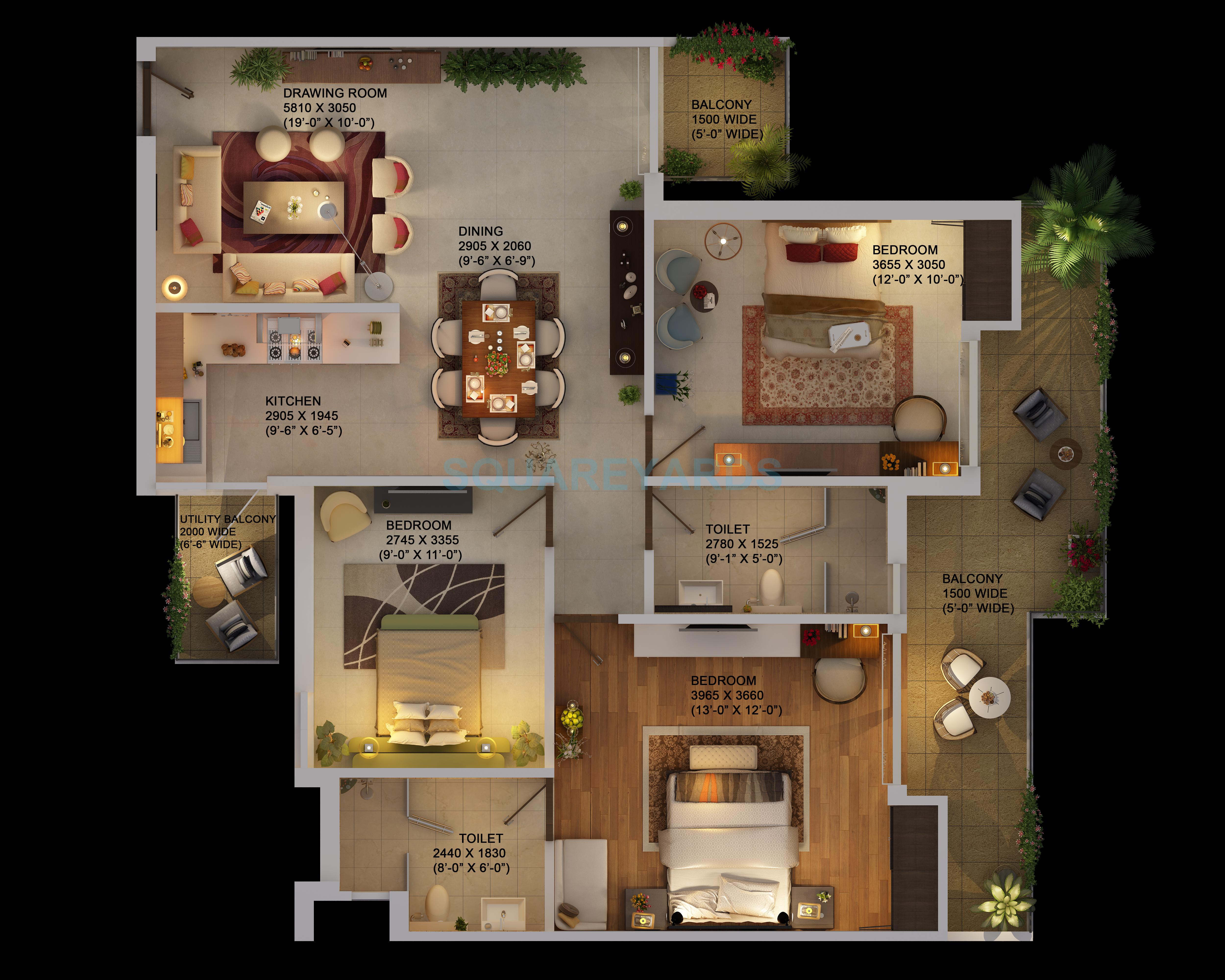 Floor plan of 3 BHK 1495 Sq. Ft. Apartment in Saya Gold Avenue, Ghaziabad