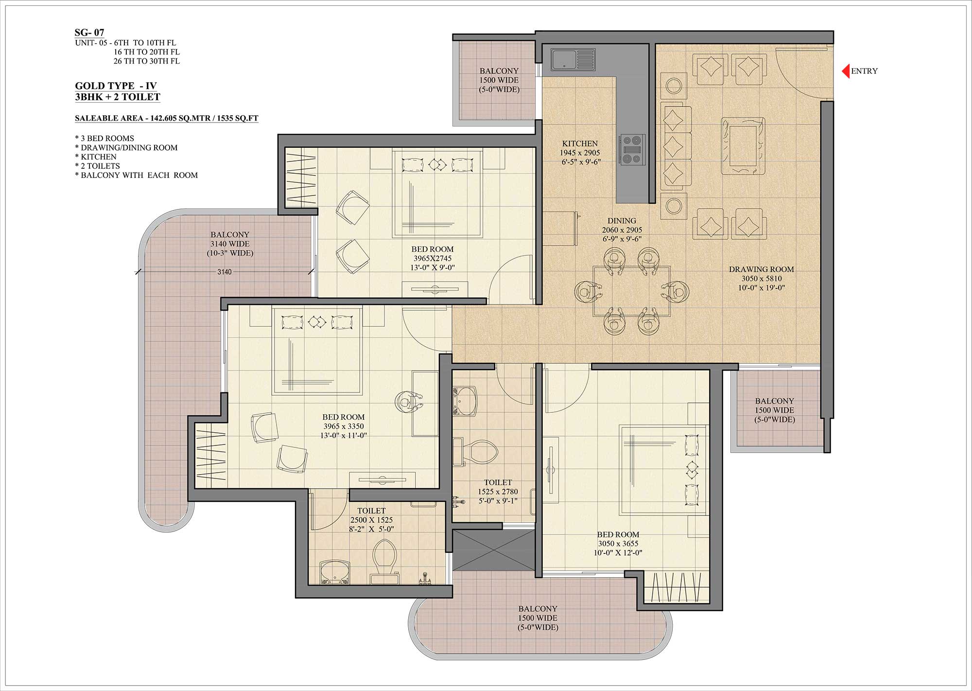 Floor plan of 3 BHK 1535 Sq. Ft. Apartment in Saya Gold Avenue, Ghaziabad
