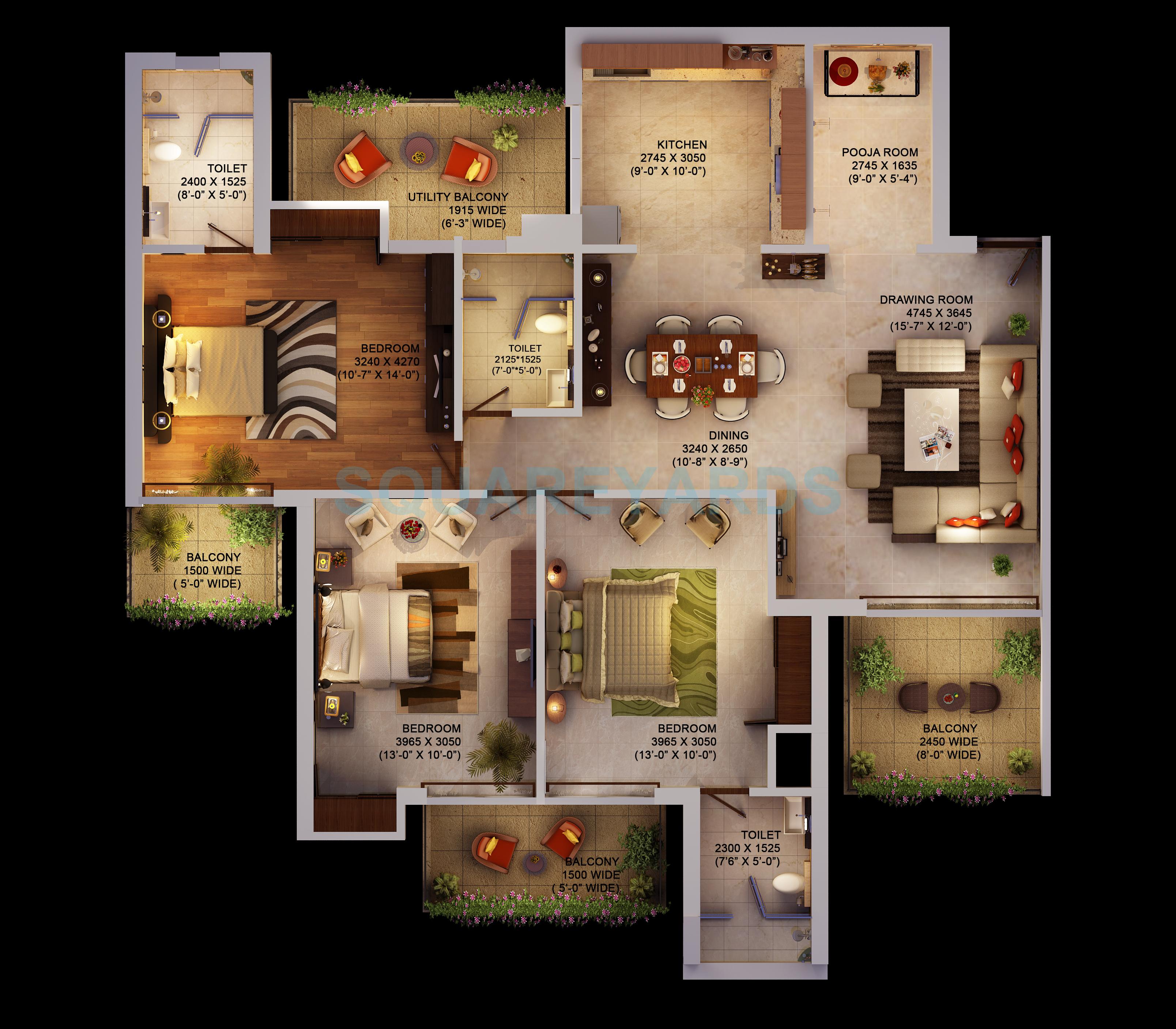Floor plan of 3 BHK 1760 Sq. Ft. Apartment in Saya Gold Avenue, Ghaziabad