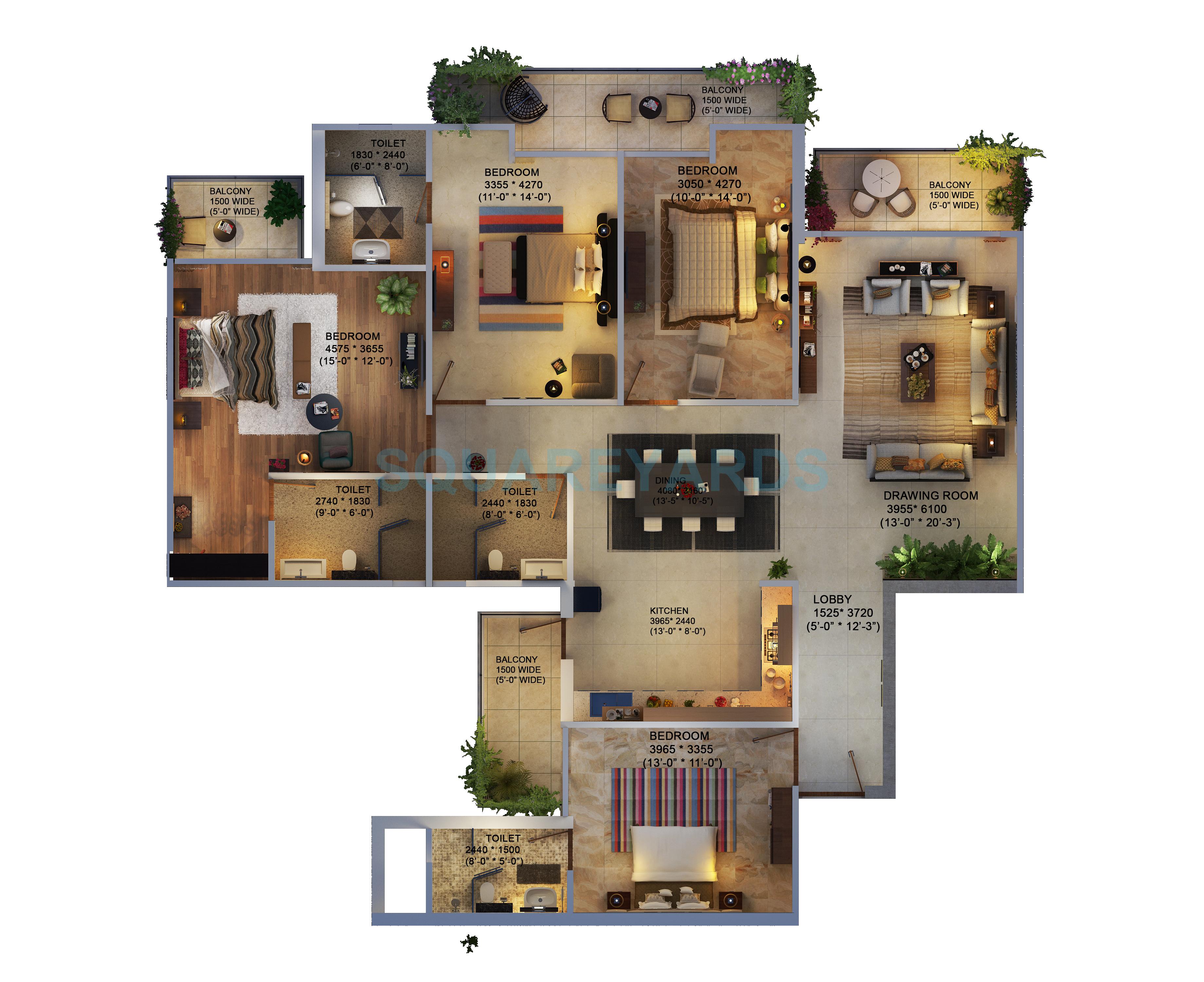 Floor plan of 4 BHK 2310 Sq. Ft. Apartment in Saya Gold Avenue, Ghaziabad