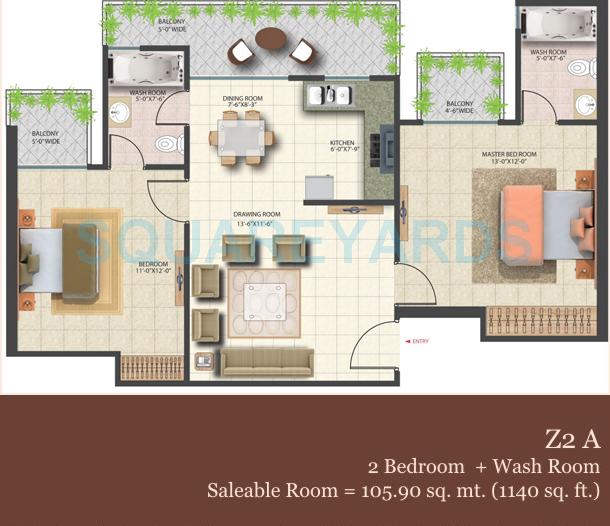 Floor plan of 2 BHK 1140 Sq. Ft. Apartment in Saya Zenith, Ghaziabad