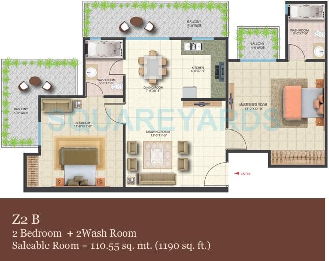 Floor plan of 2 BHK 1190 Sq. Ft. Apartment in Saya Zenith, Ghaziabad