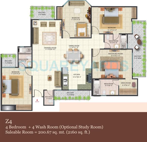 Floor plan of 4 BHK 2160 Sq. Ft. Apartment in Saya Zenith, Ghaziabad
