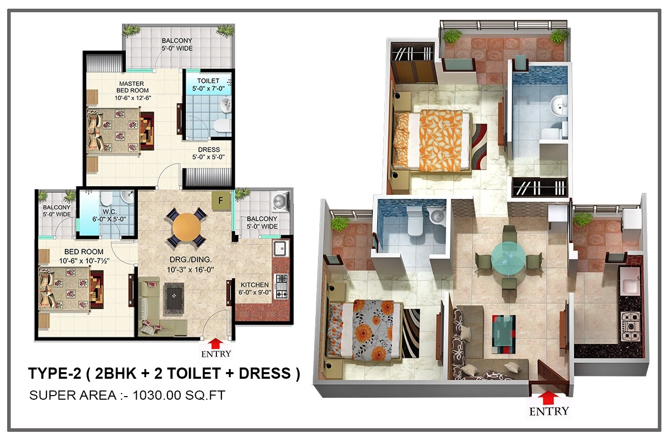 Floor plan of 2 BHK 1030 Sq. Ft. Apartment in SCC Blossom, Ghaziabad