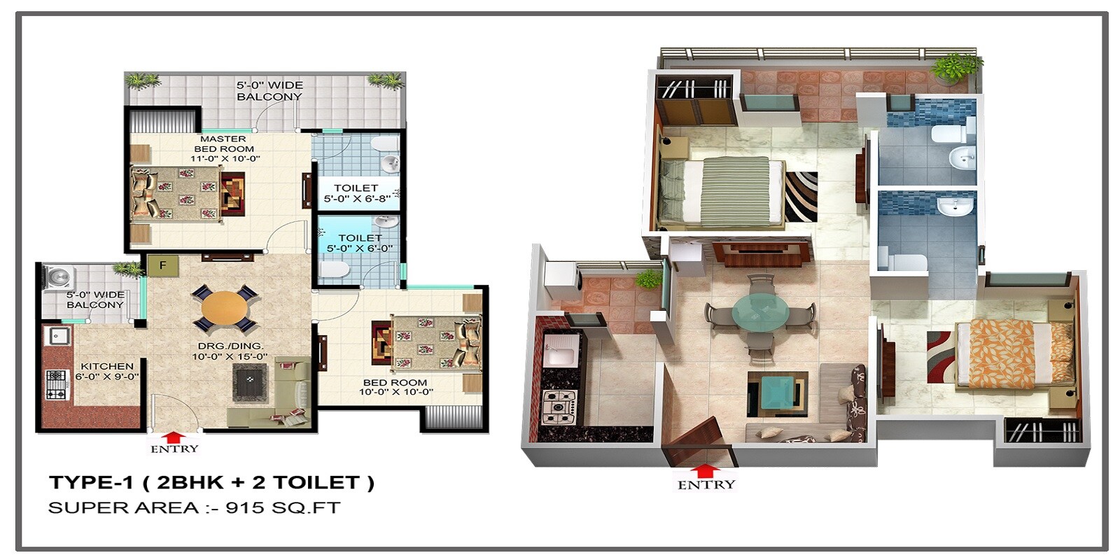 Floor plan of 2 BHK 915 Sq. Ft. Apartment in SCC Blossom, Ghaziabad