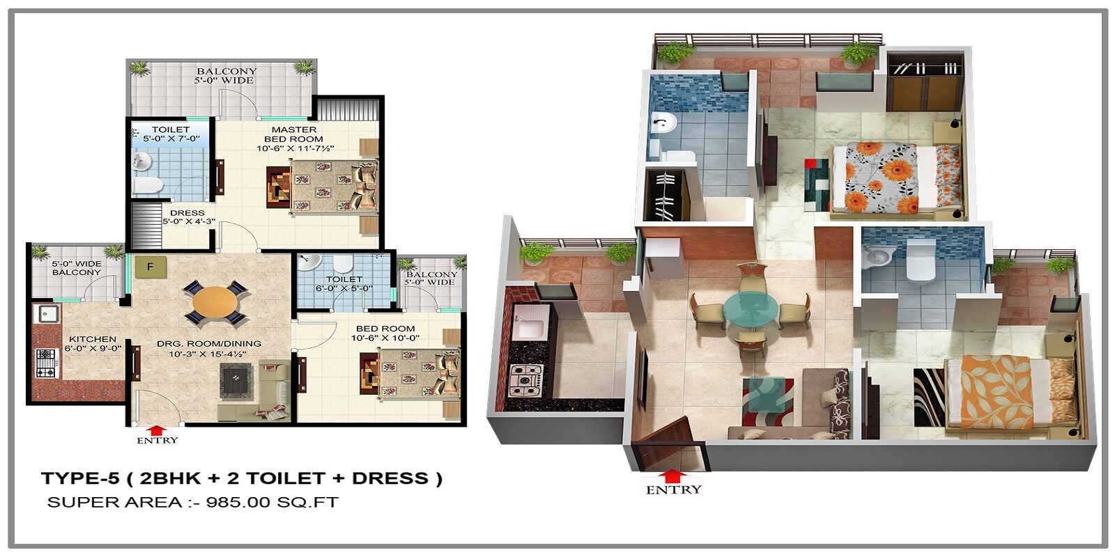 Floor plan of 2 BHK 985 Sq. Ft. Apartment in SCC Blossom, Ghaziabad