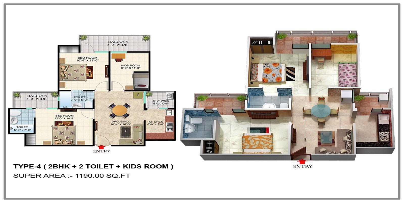 Floor plan of 2 BHK 1190 Sq. Ft. Apartment in SCC Blossom Phase 3, Ghaziabad