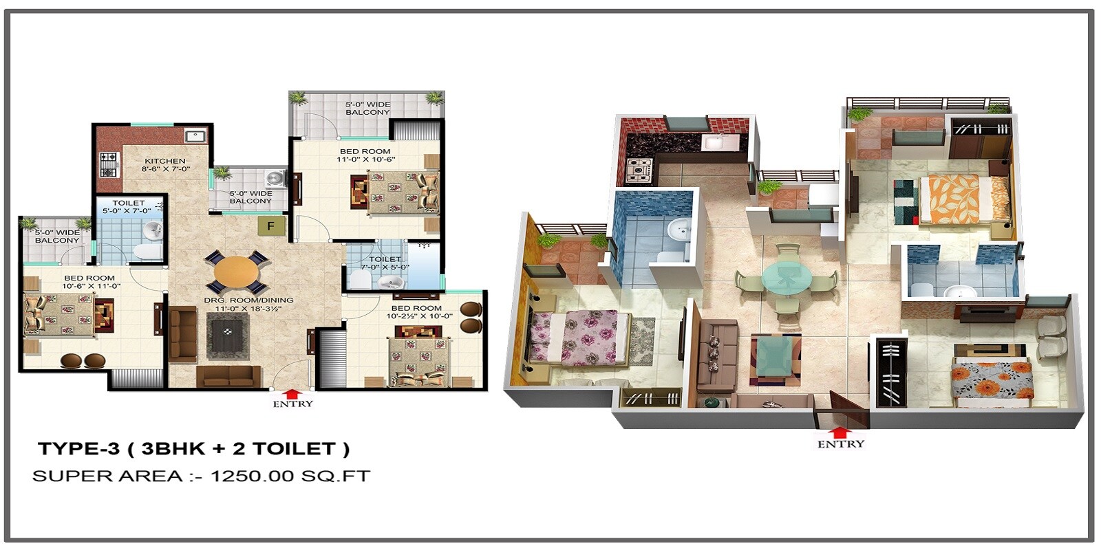 Floor plan of 3 BHK 1250 Sq. Ft. Apartment in SCC Blossom Phase 3, Ghaziabad