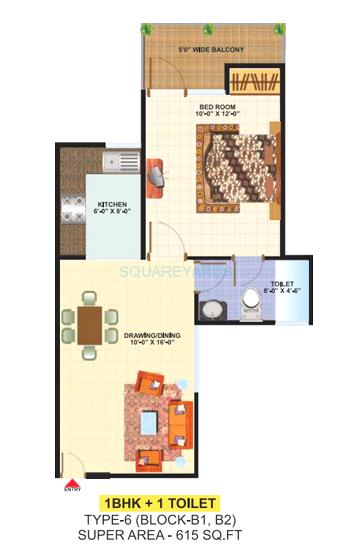 Floor plan of 1 BHK 615 Sq. Ft. Apartment in SCC Heights, Ghaziabad