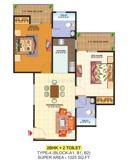 Floor plan of 2 BHK 1025 Sq. Ft. Apartment in SCC Heights, Ghaziabad