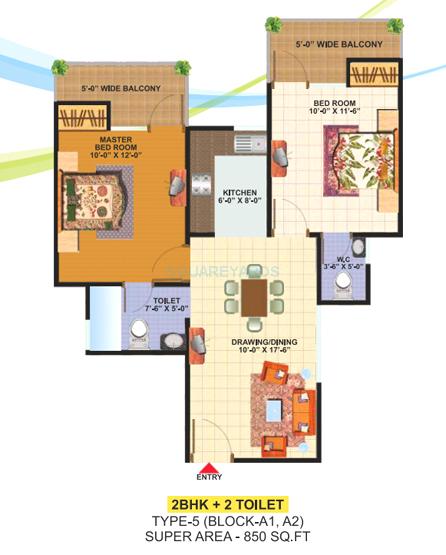 Floor plan of 2 BHK 850 Sq. Ft. Apartment in SCC Heights, Ghaziabad
