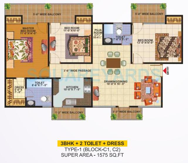 Floor plan of 3 BHK 1575 Sq. Ft. Apartment in SCC Heights, Ghaziabad