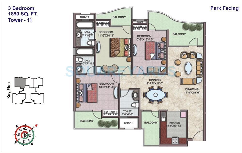 Floor plan of 3 BHK 1850 Sq. Ft. Apartment in Sethi Max City, Ghaziabad