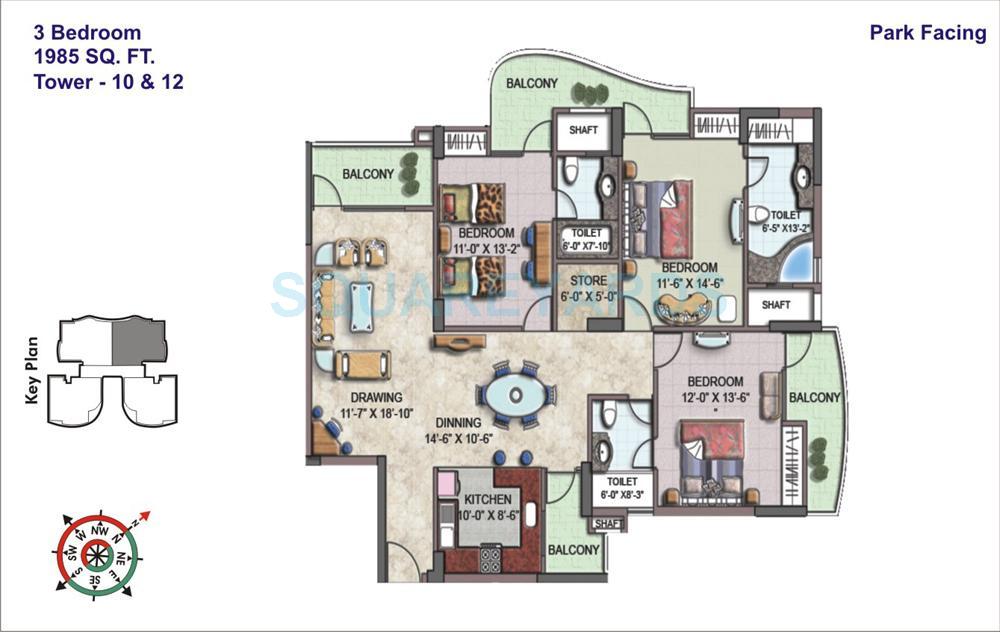 Floor plan of 3 BHK 1985 Sq. Ft. Apartment in Sethi Max City, Ghaziabad