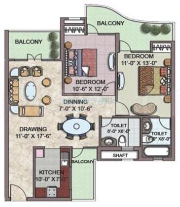 Floor plan of 2 BHK 1375 Sq. Ft. Apartment in Sethi Park Sapphire, Ghaziabad