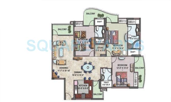 Floor plan of 3 BHK 1985 Sq. Ft. Apartment in Sethi Park Sapphire, Ghaziabad