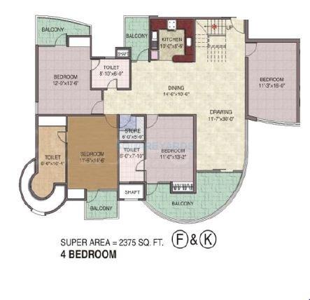 Floor plan of 4 BHK 2390 Sq. Ft. Apartment in Sethi Park Sapphire, Ghaziabad