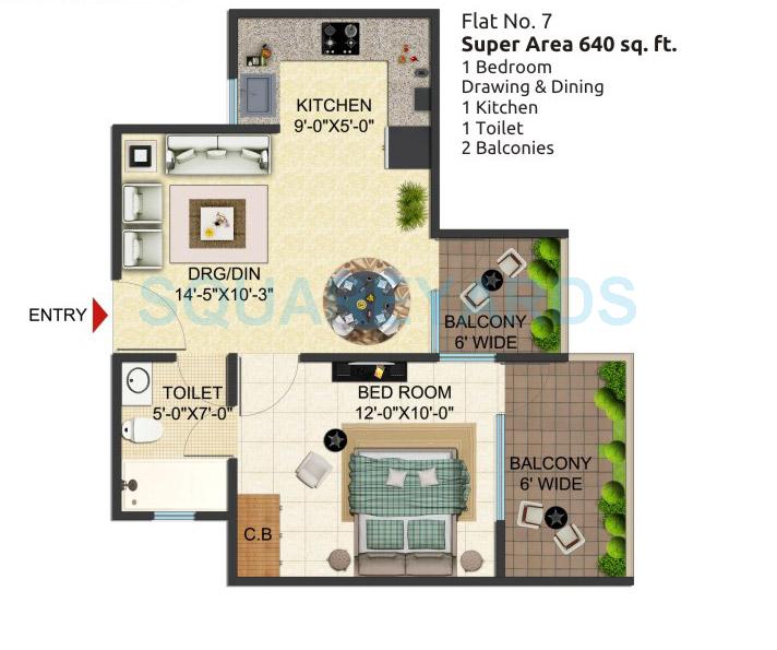 Floor plan of 1 BHK 640 Sq. Ft. Apartment in SG Benefit, Ghaziabad