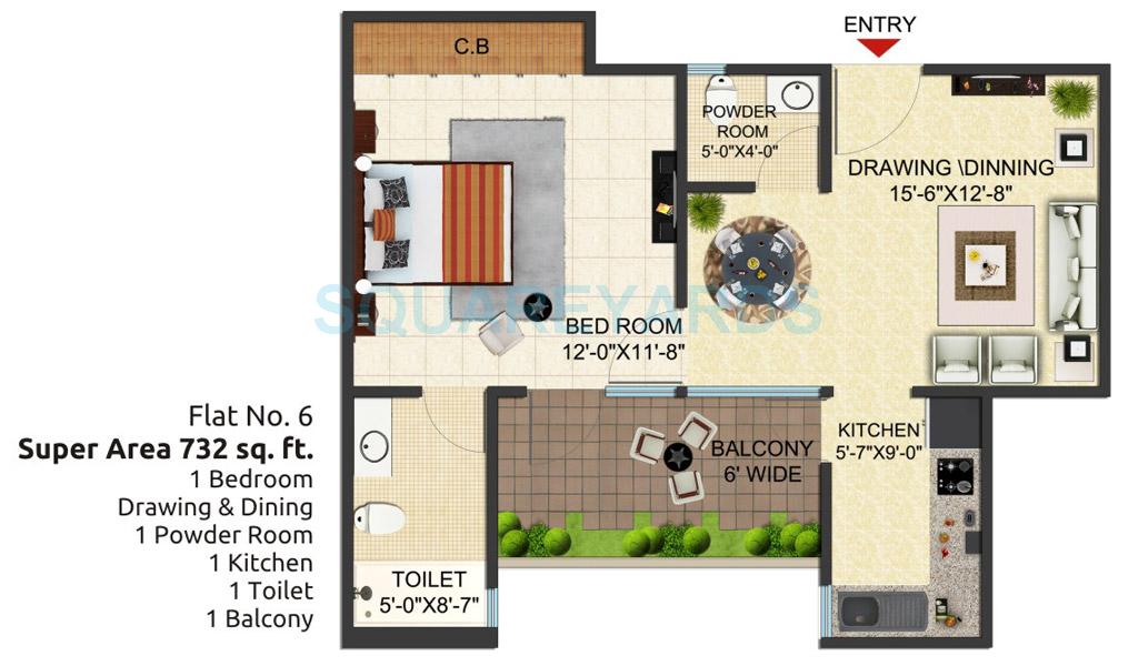 Floor plan of 1 BHK 732 Sq. Ft. Apartment in SG Benefit, Ghaziabad