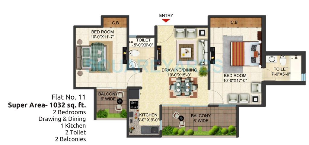 Floor plan of 2 BHK 1032 Sq. Ft. Apartment in SG Benefit, Ghaziabad