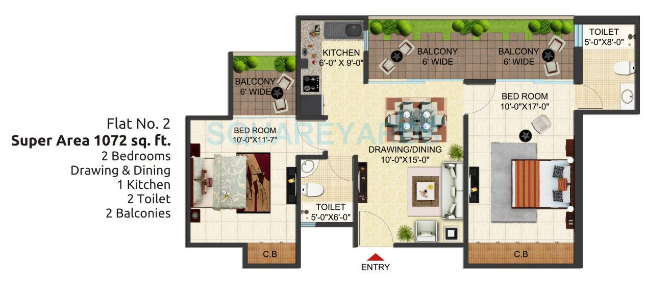 Floor plan of 2 BHK 1072 Sq. Ft. Apartment in SG Benefit, Ghaziabad