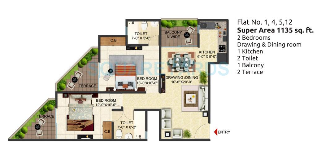 Floor plan of 2 BHK 1135 Sq. Ft. Apartment in SG Benefit, Ghaziabad