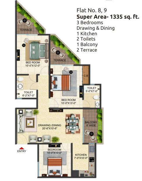 Floor plan of 3 BHK 1335 Sq. Ft. Apartment in SG Benefit, Ghaziabad