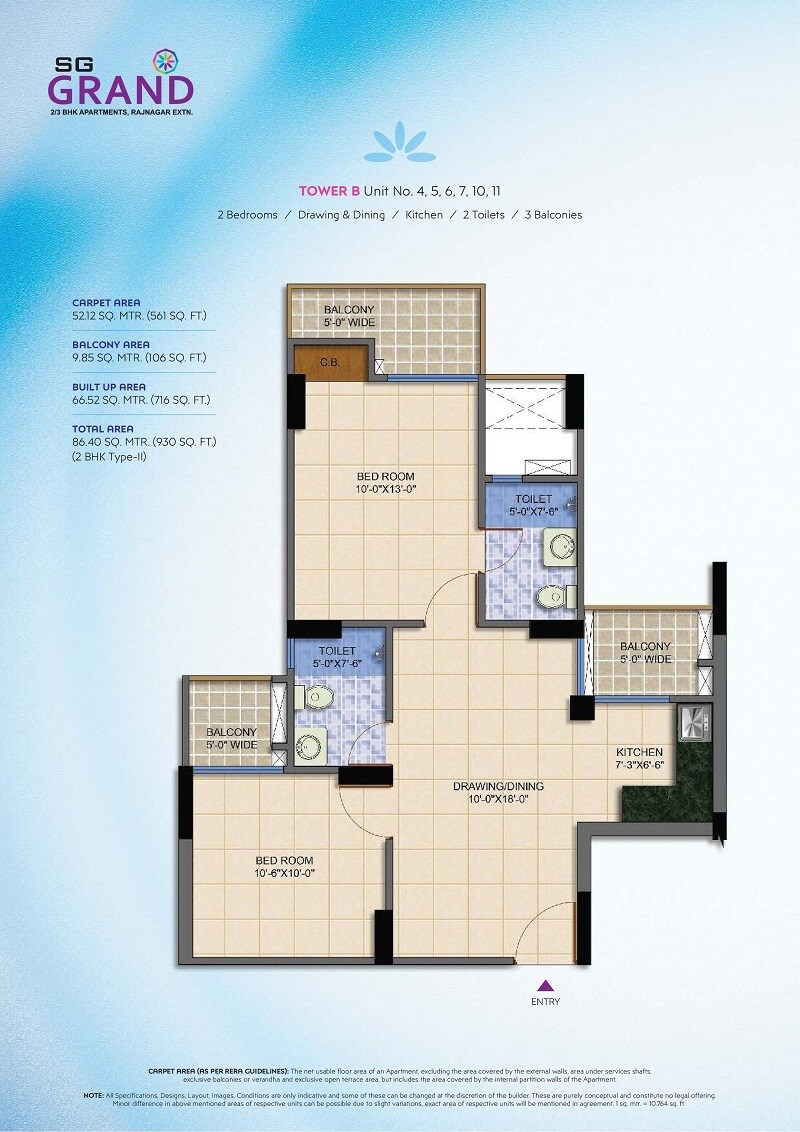 Floor plan of 2 BHK 930 Sq. Ft. Apartment in SG Grand, Ghaziabad