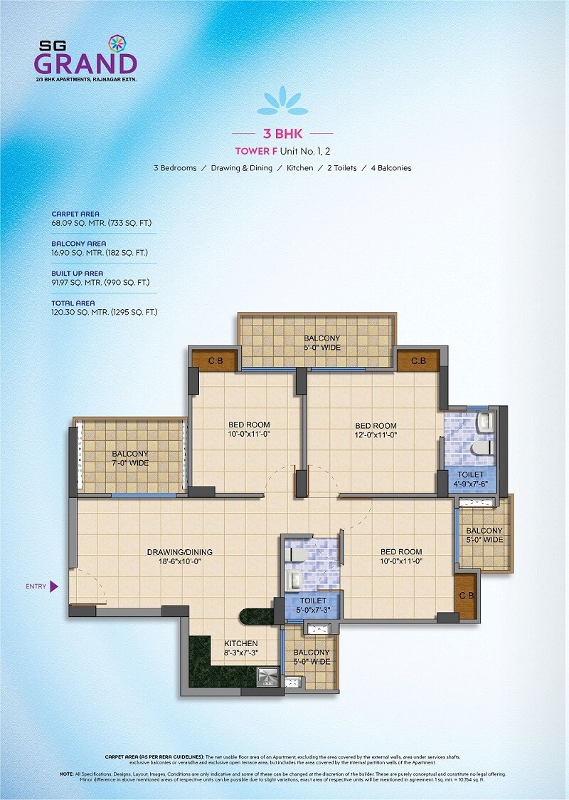 Floor plan of 2 BHK 1295 Sq. Ft. Apartment in SG Grand, Ghaziabad