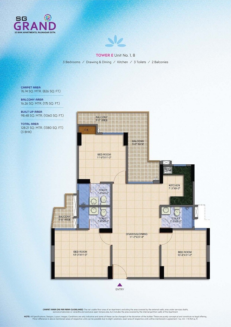 Floor plan of 3 BHK 1380 Sq. Ft. Apartment in SG Grand, Ghaziabad