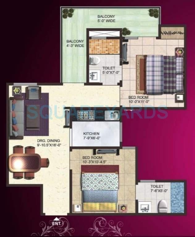 Floor plan of 2 BHK 960 Sq. Ft. Apartment in SG Impression Plus, Ghaziabad