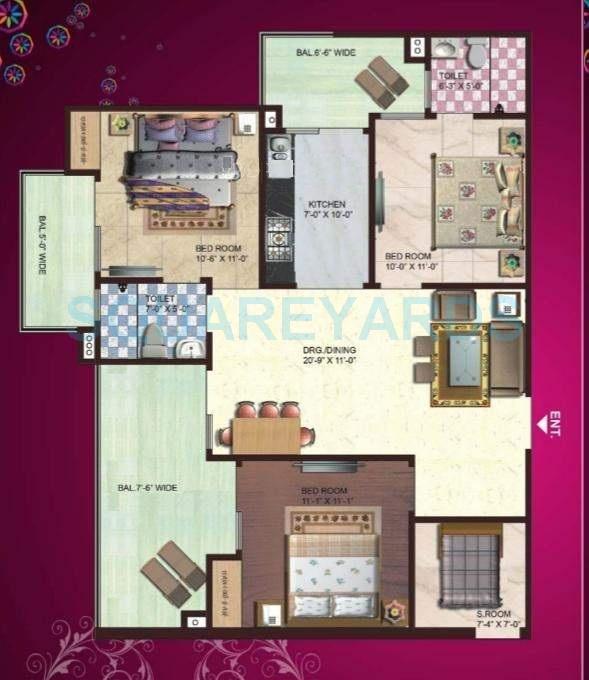Floor plan of 3 BHK 1530 Sq. Ft. Apartment in SG Impression Plus, Ghaziabad