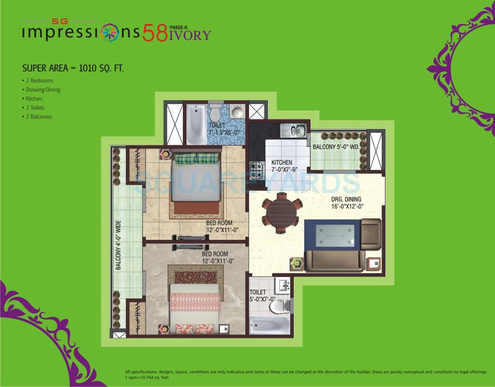 Floor plan of 2 BHK 1010 Sq. Ft. Apartment in SG Impressions 58, Ghaziabad