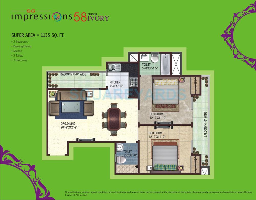 Floor plan of 2 BHK 1135 Sq. Ft. Apartment in SG Impressions 58, Ghaziabad
