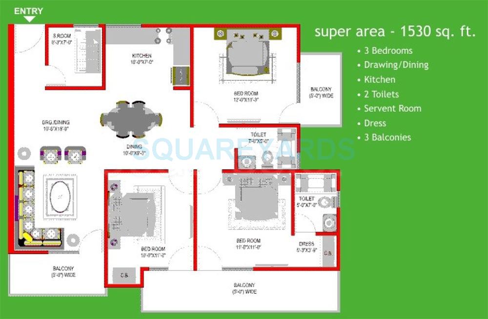 Floor plan of 3 BHK 1530 Sq. Ft. Apartment in SG Impressions 58, Ghaziabad