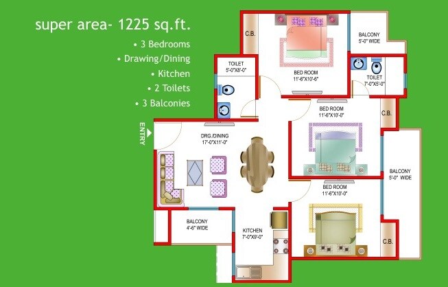 Floor plan of 3 BHK 1225 Sq. Ft. Apartment in SG Indigo Tower, Ghaziabad