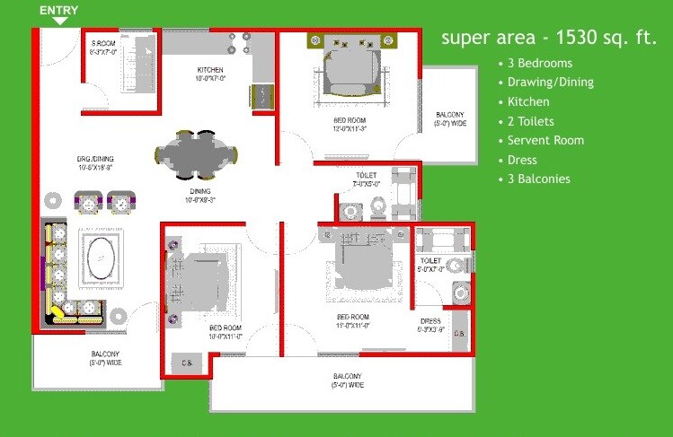 Floor plan of 3 BHK 1530 Sq. Ft. Apartment in SG Indigo Tower, Ghaziabad