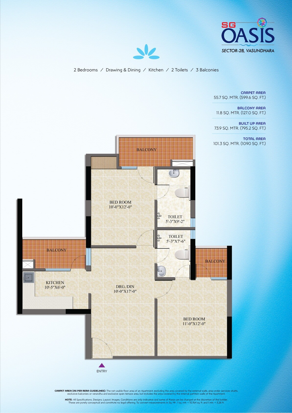 Floor plan of 2 BHK 1090 Sq. Ft. Apartment in SG Oasis, Ghaziabad